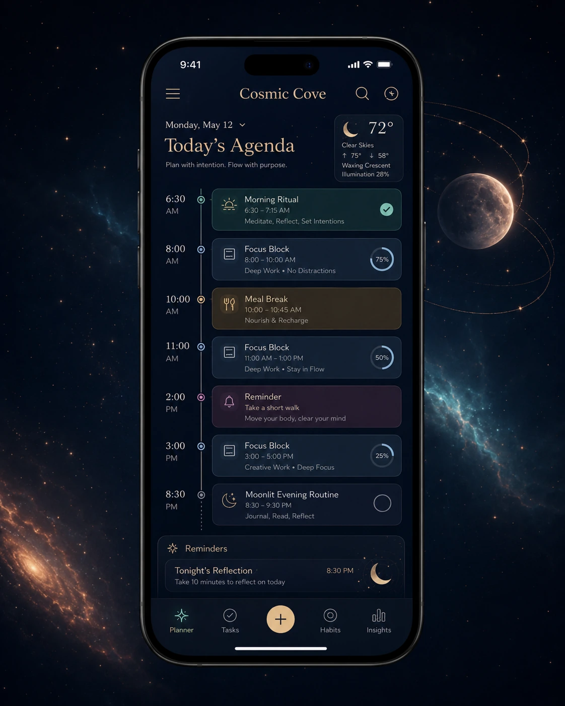 Cosmic Cove daily agenda screen with time blocks and moonlight routine