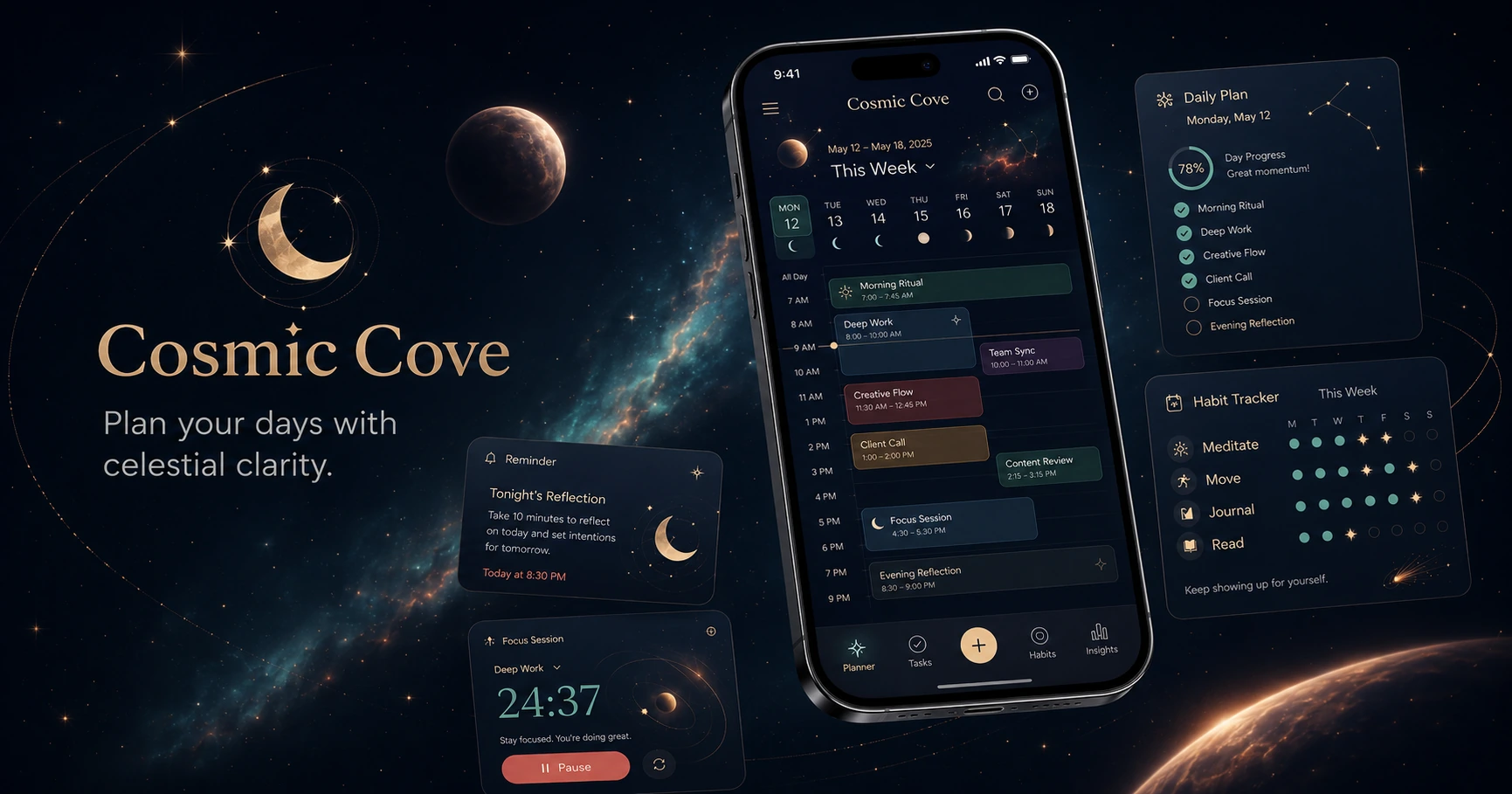 Cosmic Cove app interface shown in a premium cosmic planner scene