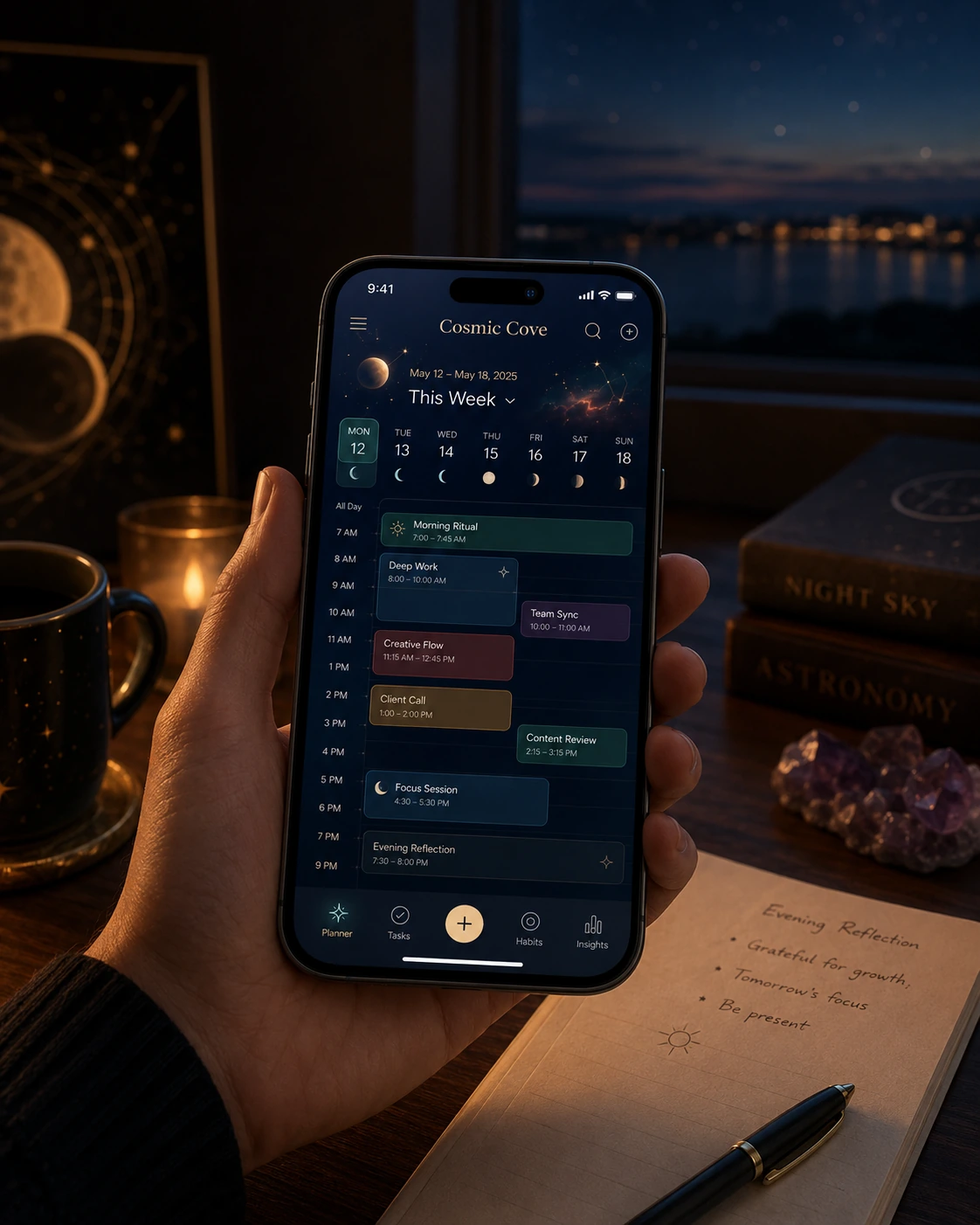 Cosmic Cove app held in hand in a cozy evening planning scene