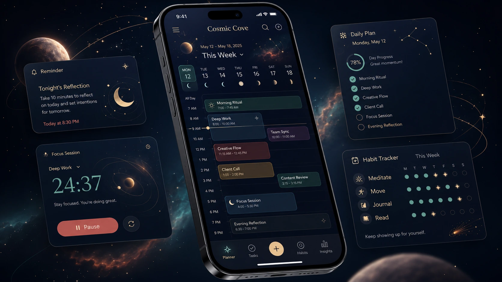 Cosmic Cove weekly planner app with calendar blocks, reminders and habit cards
