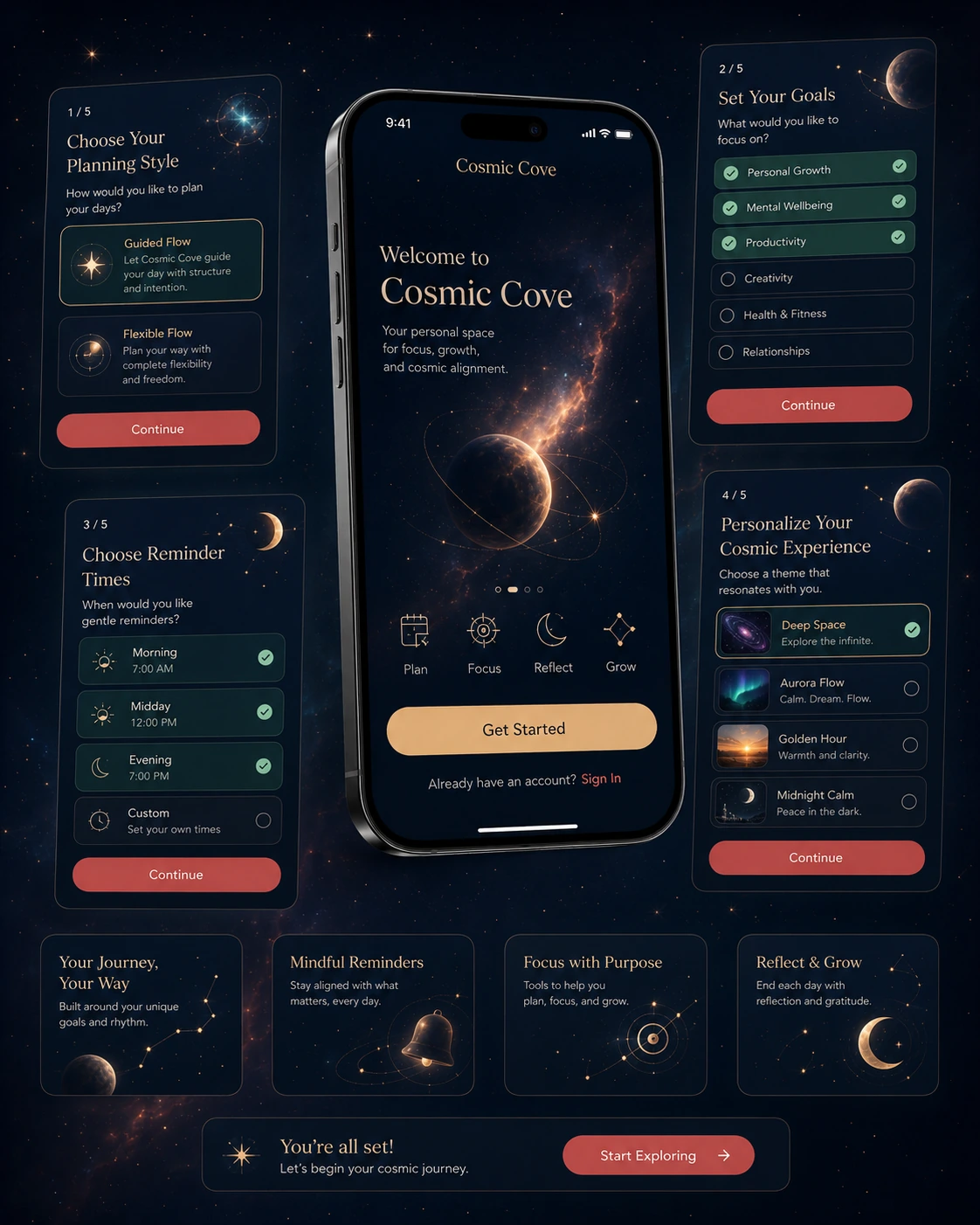 Cosmic Cove onboarding flow with planning style, goals and reminder setup