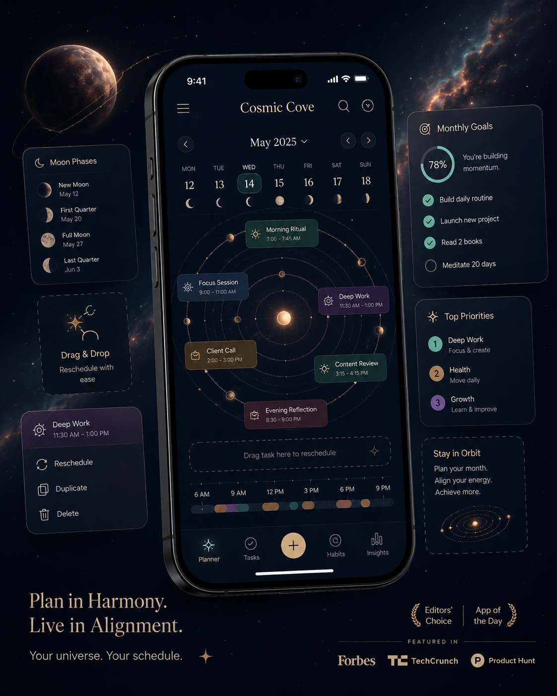 Cosmic Cove orbit calendar screen with weekly schedule and monthly goals