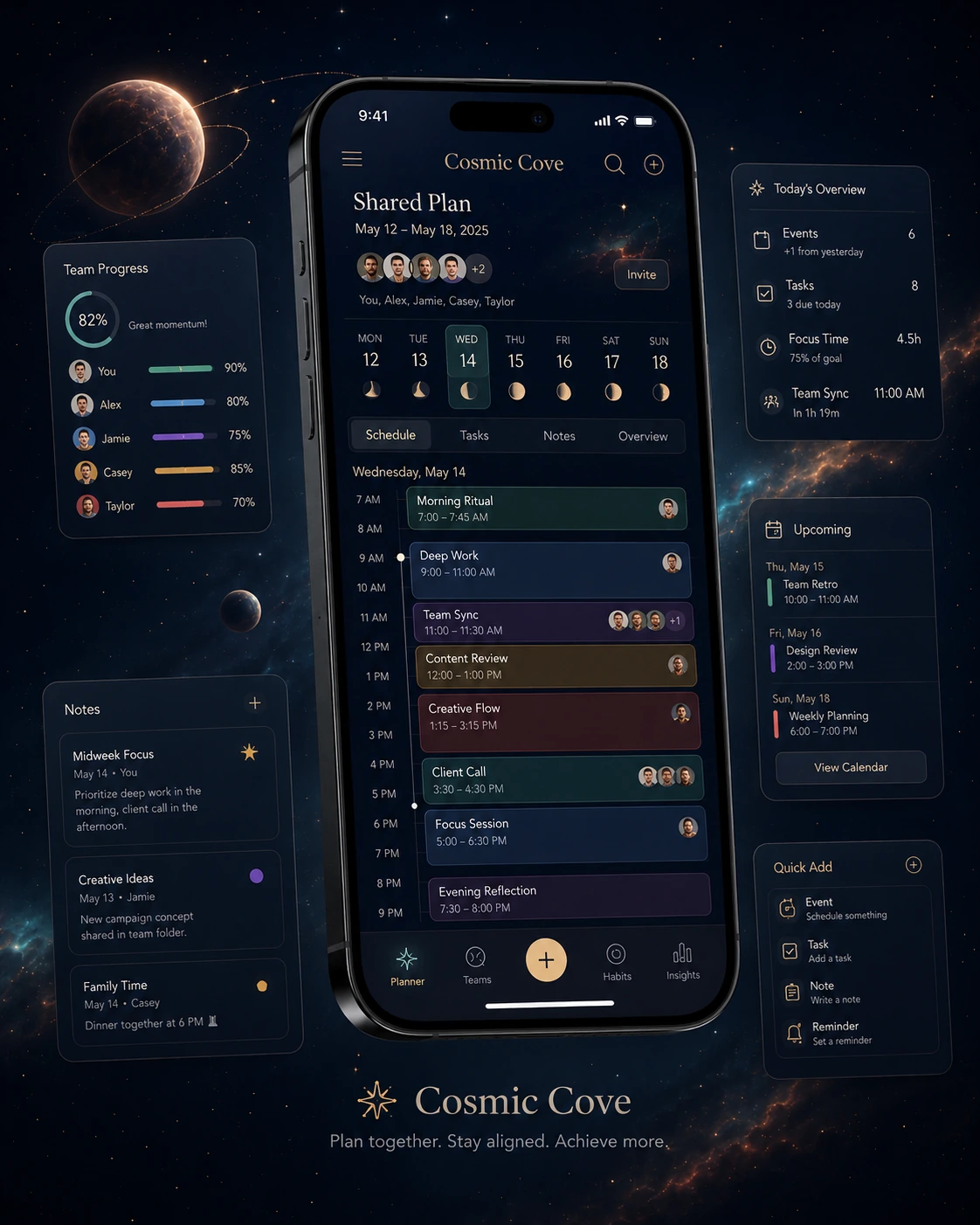 Cosmic Cove shared plan screen with team progress and daily overview